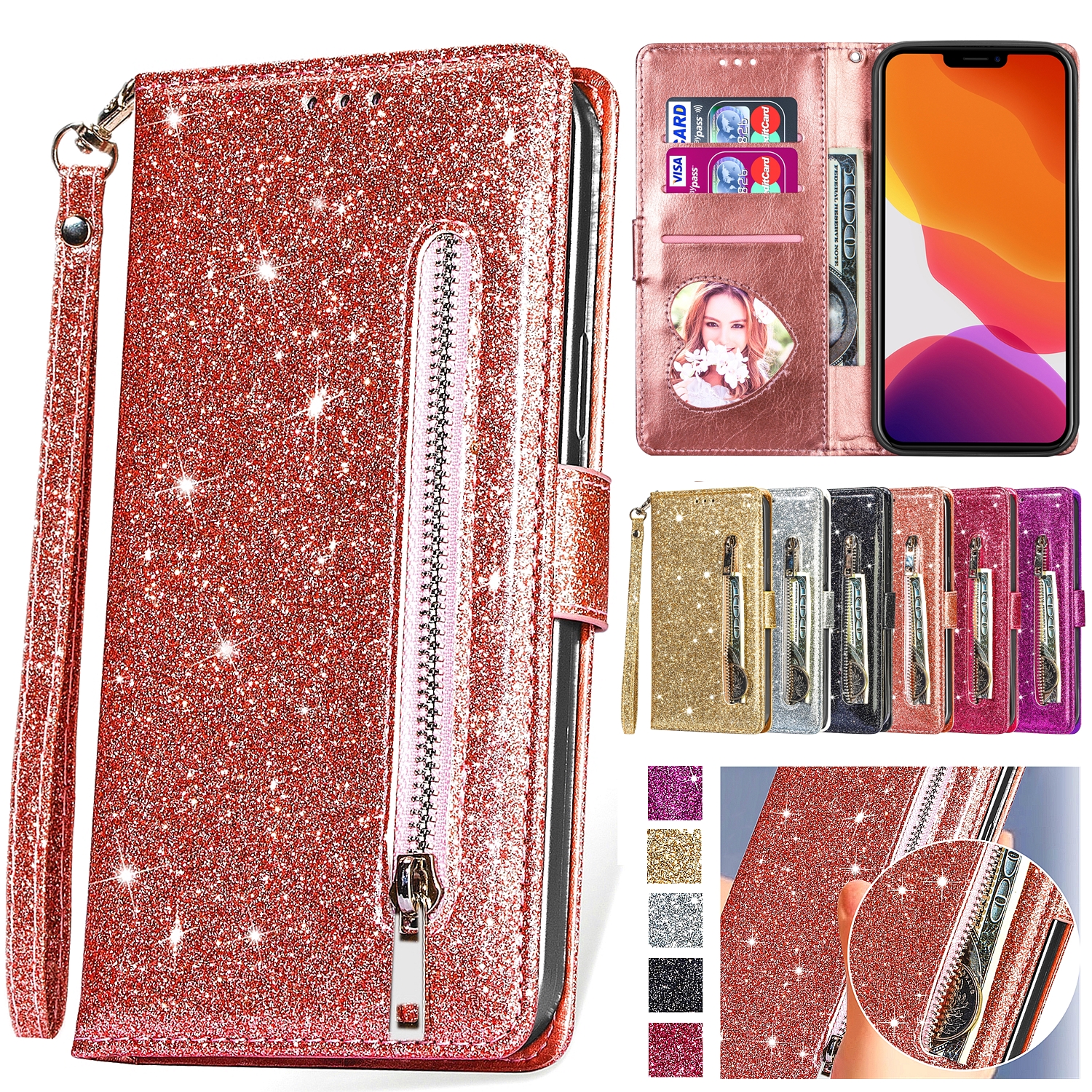 Phone Cases Ugly - Zipper Flip Wallet Glitter Leather Case