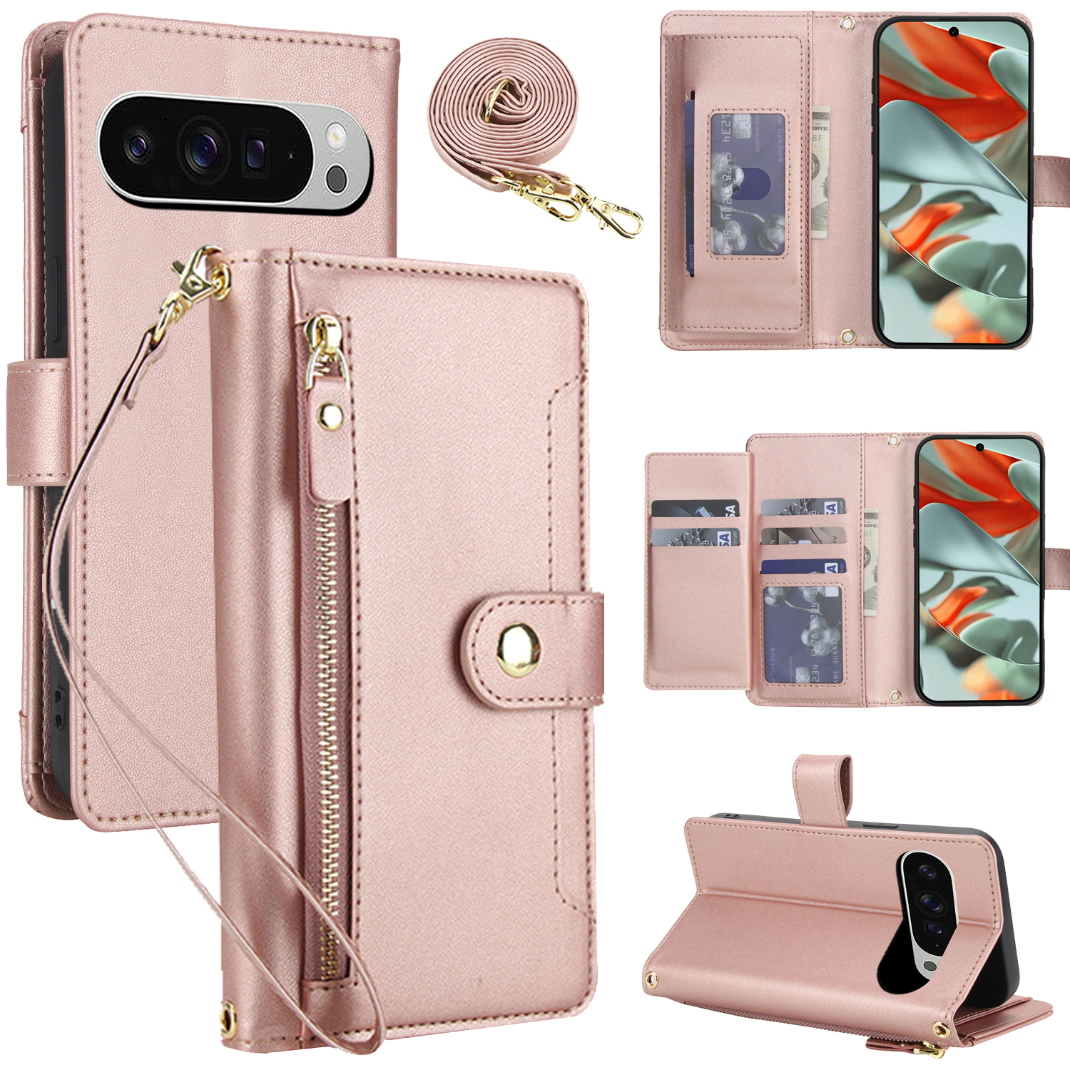 Flip Leather Case - Crossbody Zipper Leather Wallet Flip Case
