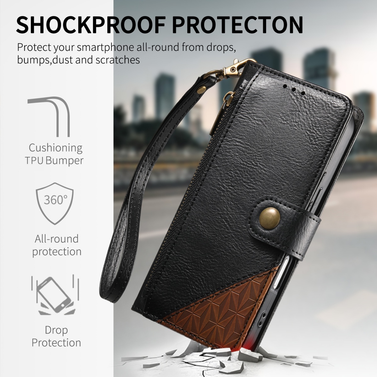 PU Leather Zipper Wrist Strap  - Flip Leather Case recensie en prijs