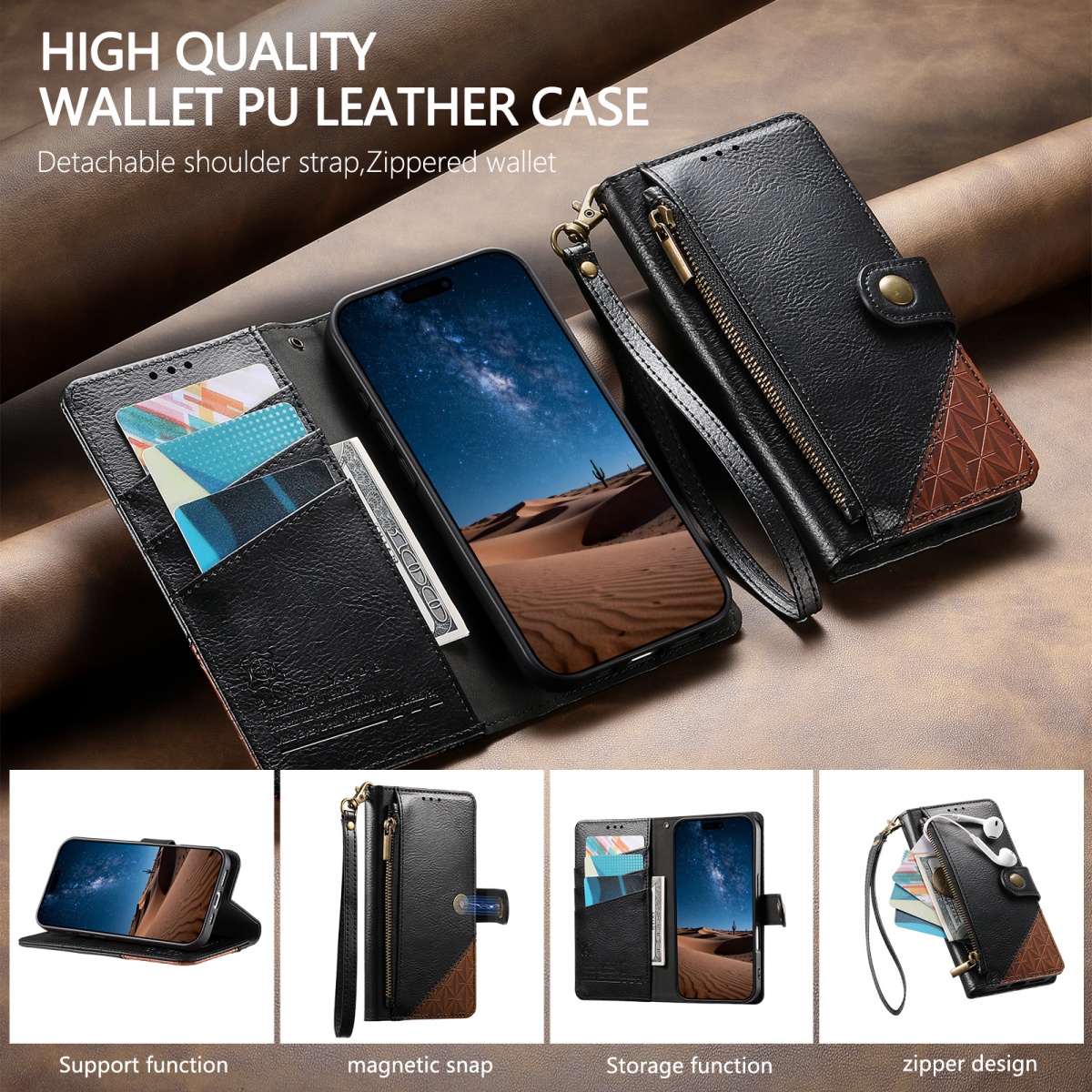 PU Leather Zipper Wrist Strap  - Flip Leather Case recensie en prijs